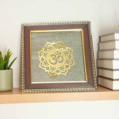 Om Shanti Yantra on Raw Pyrite Wall Frame – 7x7 Inch Wooden Vastu Decor for Meditation, Yoga, Pooja Room, and Office