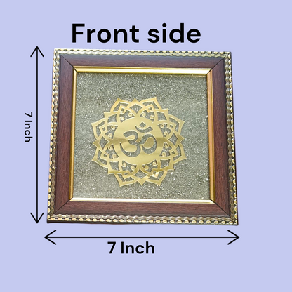 Om Shanti Yantra on Raw Pyrite Wall Frame – 7x7 Inch Wooden Vastu Decor for Meditation, Yoga, Pooja Room, and Office