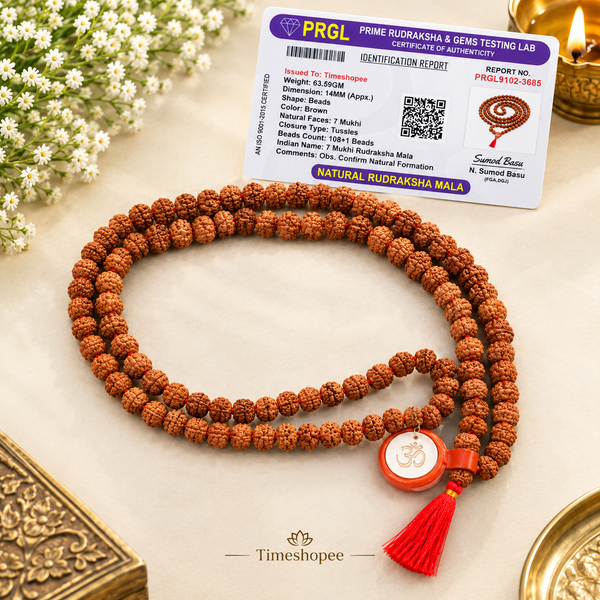 Original Lab Certified 7 Mukhi Rudraksha Mala from Timeshopee – Available in 27+1 and 108+1 Variants