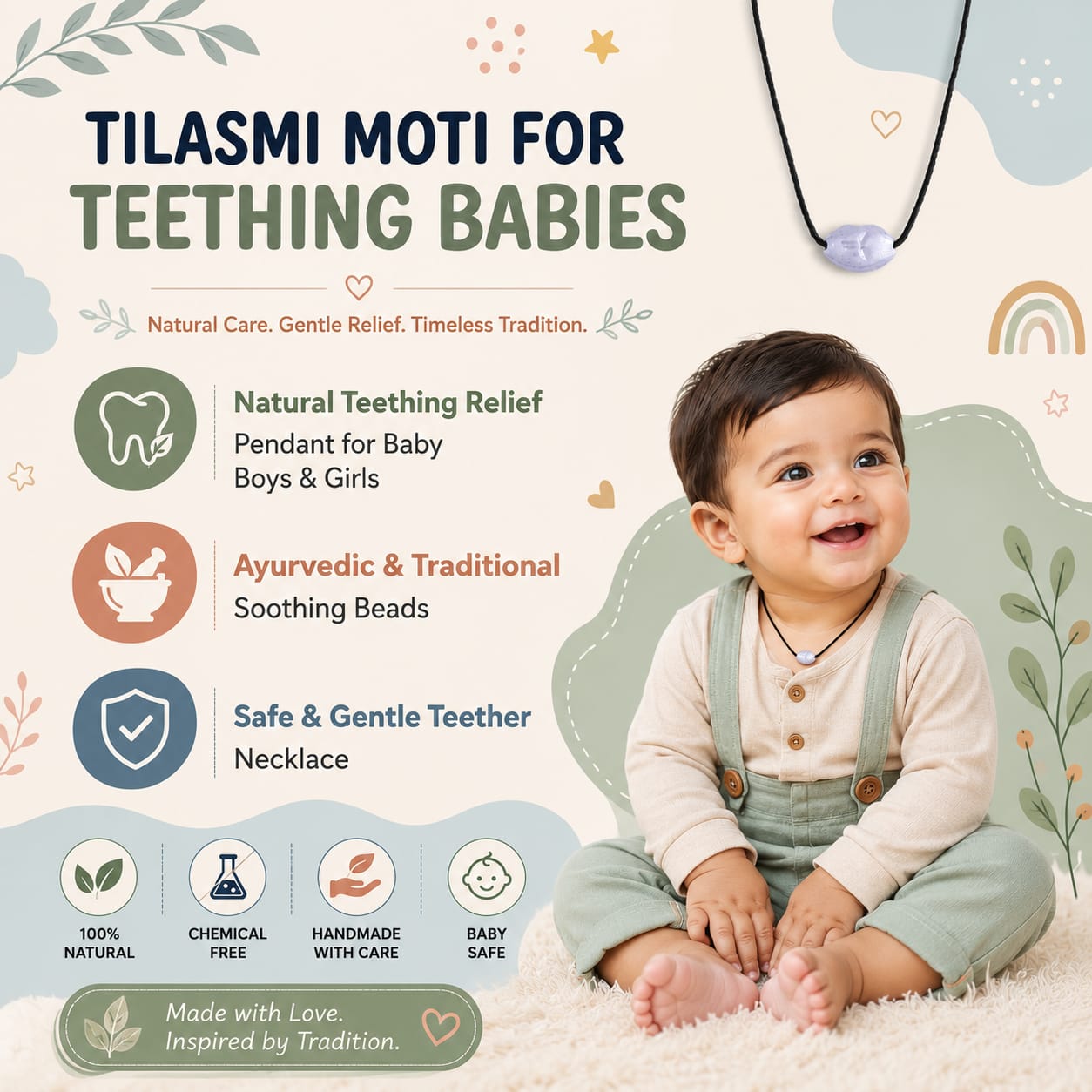 Original Tlismi Moti Pendant with Thread Silver Oval Teething Pendant for Baby Teething Traditional Tlismi Moti Locket