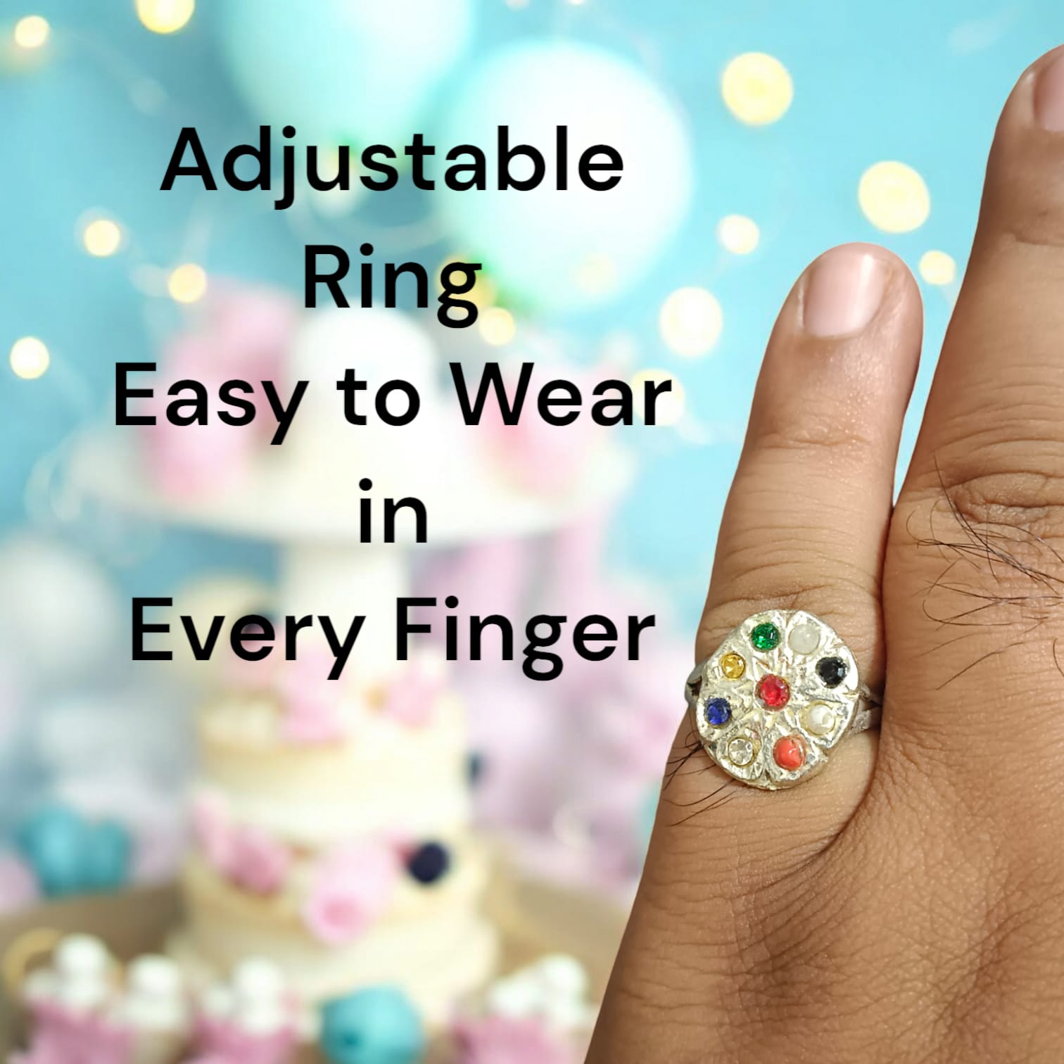Oval-shaped Navratan Ring with silver plating, featuring nine gemstones for astrological balance and spiritual 