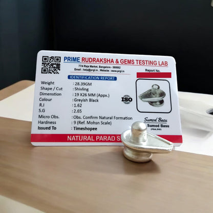 Parad Shivling - Parad Lingam, 28gm Lab Certified, from Timeshopee. A pure mercury Shivling symbolizing Lord Shiva's divine presence, perfect for meditation, worship, and spiritual upliftment.