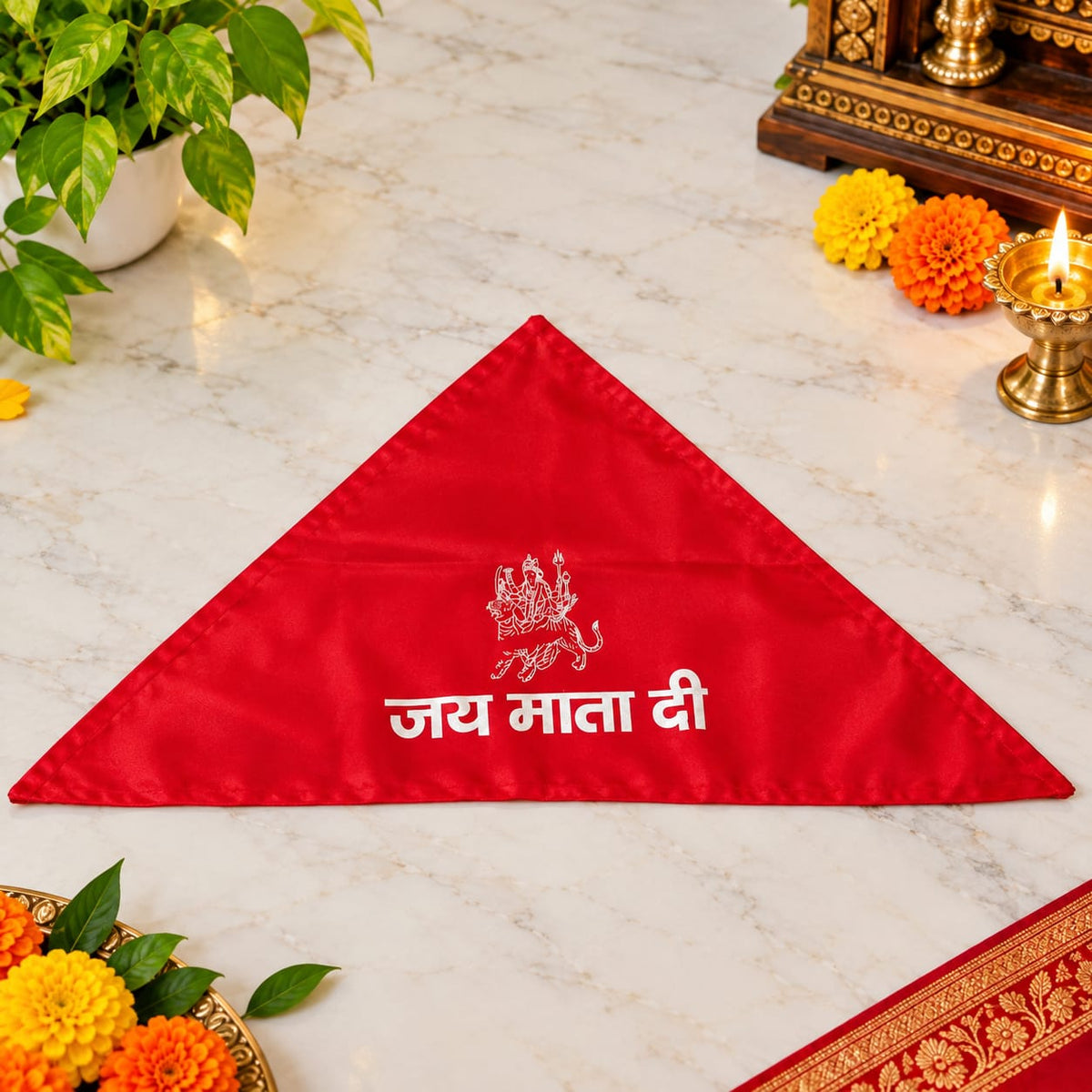 Premium traditional red satin Jai Mata Di Patka and headscarf for Navratri, Mata Rani Jagran and Kanjak Pujan