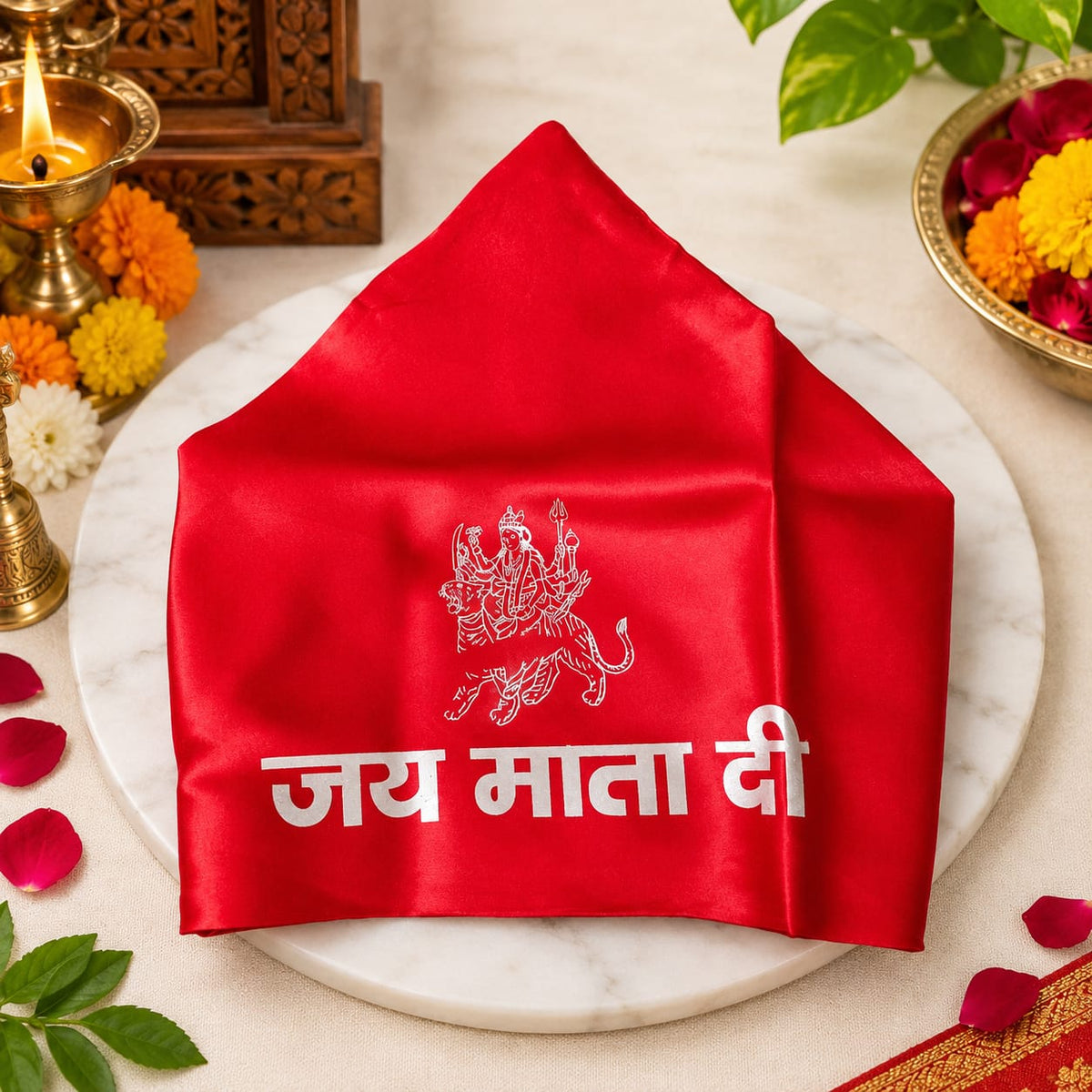 Premium traditional red satin Jai Mata Di Patka and headscarf for Navratri, Mata Rani Jagran and Kanjak Pujan