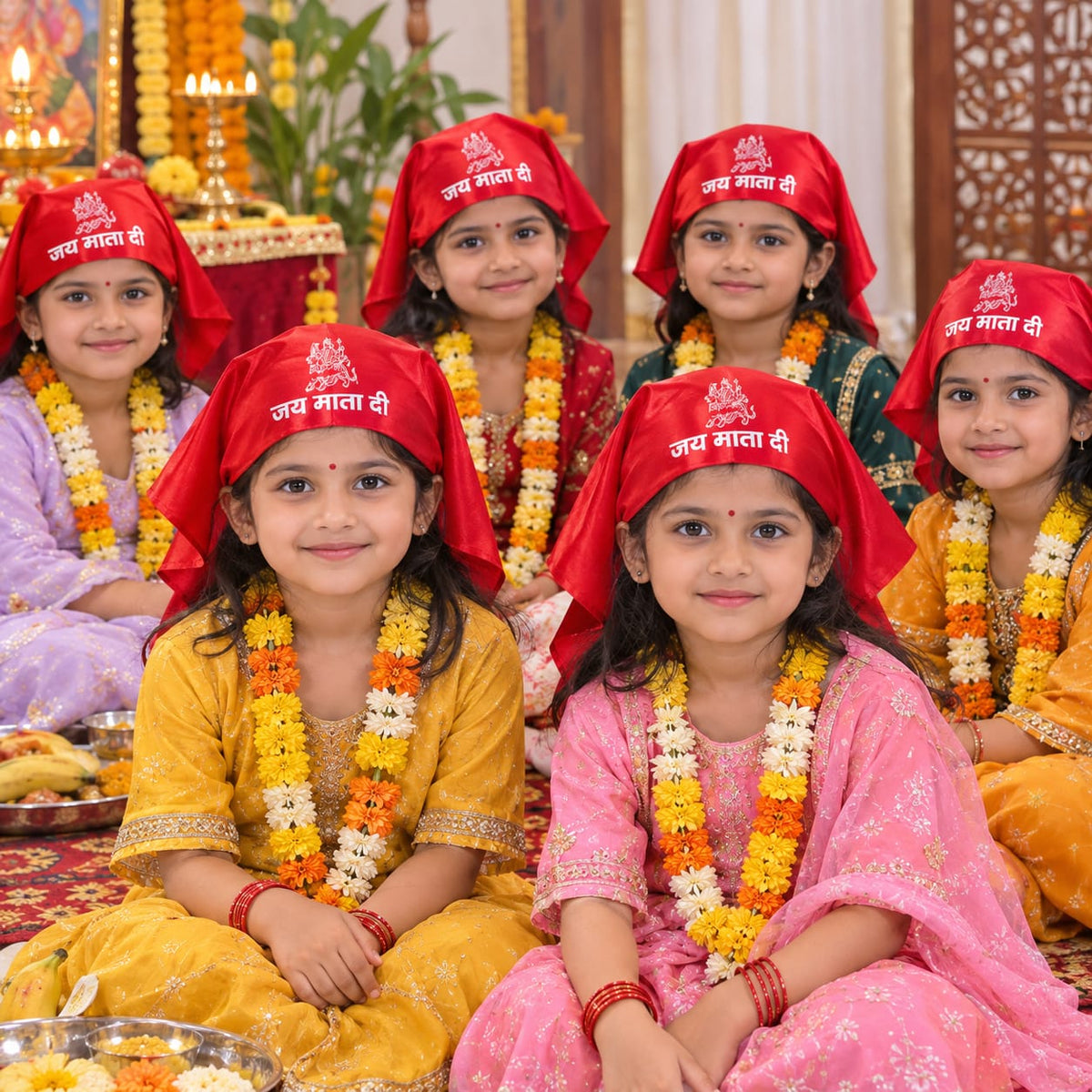 Premium traditional red satin Jai Mata Di Patka and headscarf for Navratri, Mata Rani Jagran and Kanjak Pujan