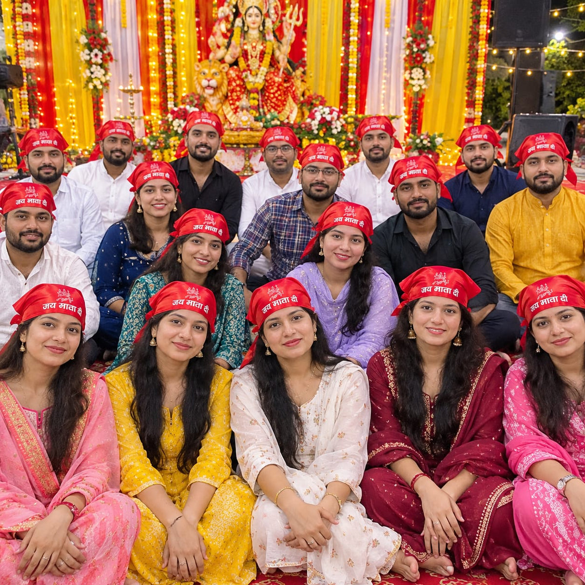 Premium traditional red satin Jai Mata Di Patka and headscarf for Navratri, Mata Rani Jagran and Kanjak Pujan