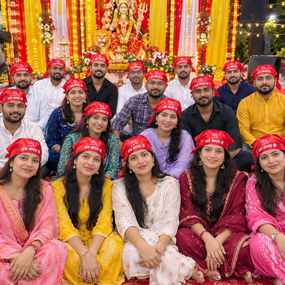 Premium traditional red satin Jai Mata Di Patka and headscarf for Navratri, Mata Rani Jagran and Kanjak Pujan