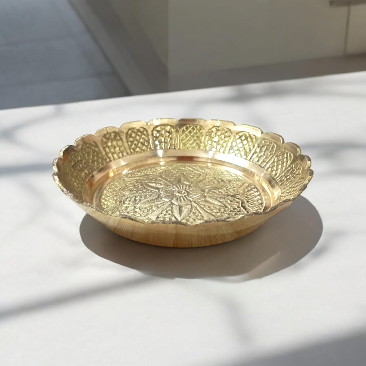 Pure Brass Flower Design Pooja Plate - Compact Mandir Thali by Timeshopee-Online Religious Store