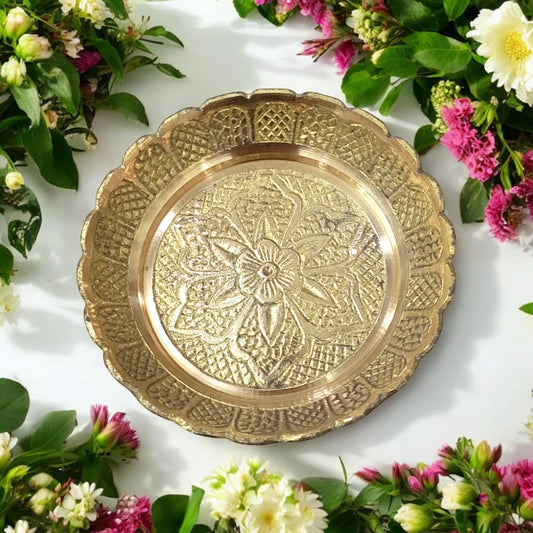 Pure Brass Flower Design Pooja Plate - Compact Mandir Thali by Timeshopee-Online Religious Store
