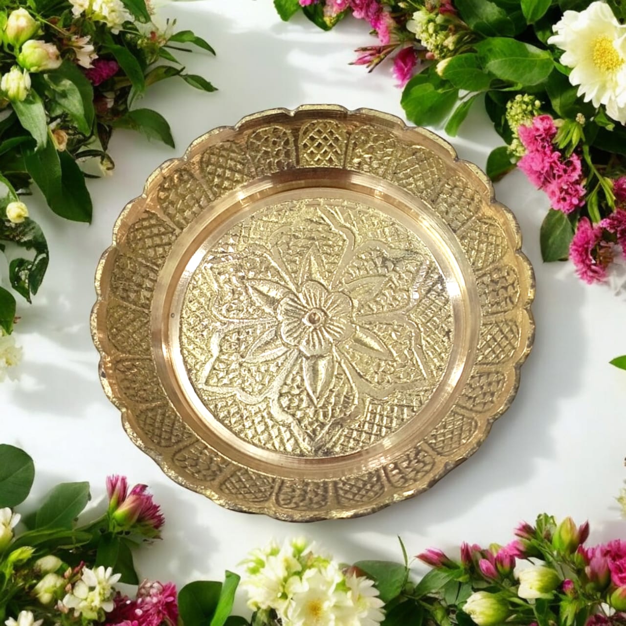Pure Brass Flower Design Pooja Plate - Compact Mandir Thali by Timeshopee-Online Religious Store