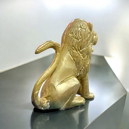 Pure Brass Lion Idol with intricate craftsmanship, perfect for table or temple decoration.