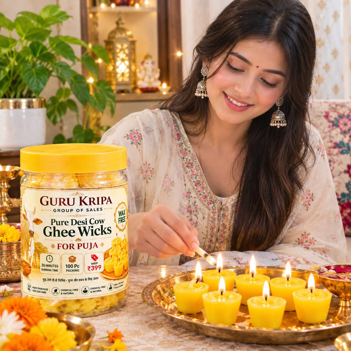 Pure Cow Ghee Diya Batti 100 Ready to Use Ghee Wicks for Daily Puja