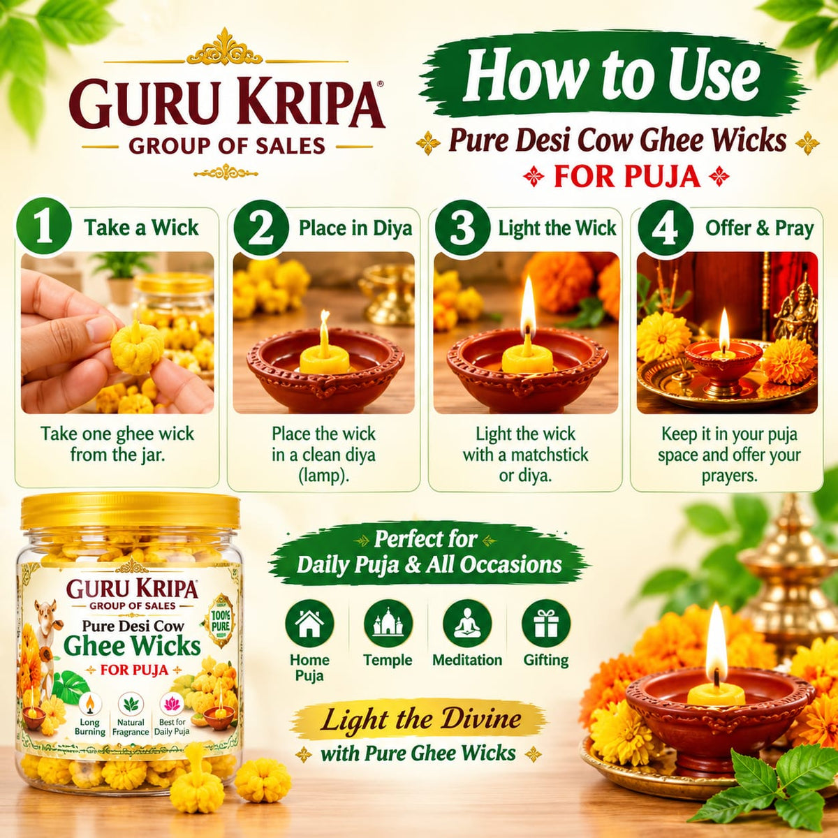 Pure Cow Ghee Diya Batti 100 Ready to Use Ghee Wicks for Daily Puja
