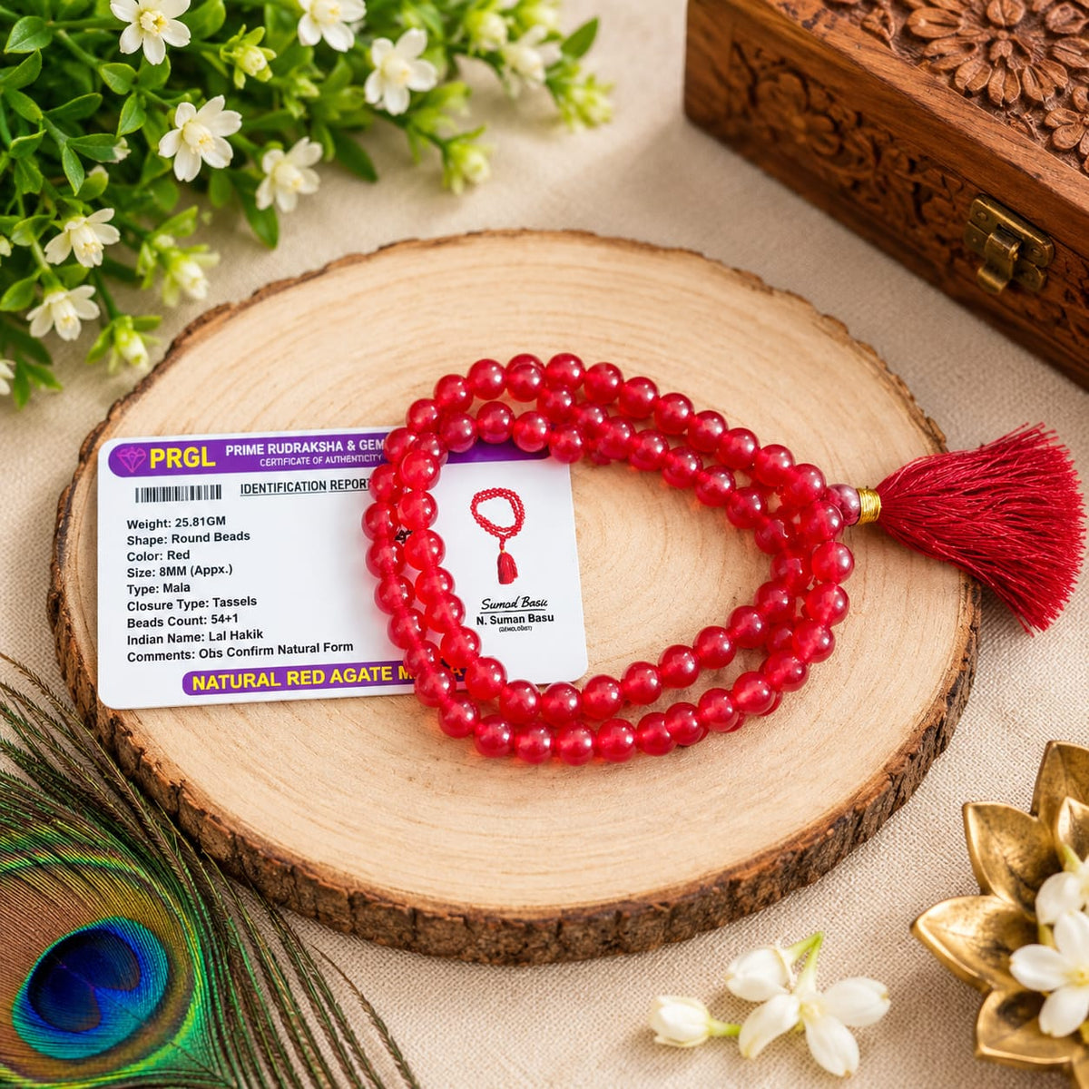 Red Agate Mala 54+1 Beads Lal Hakik 8mm Lab Certified for Meditation Mantra Chanting