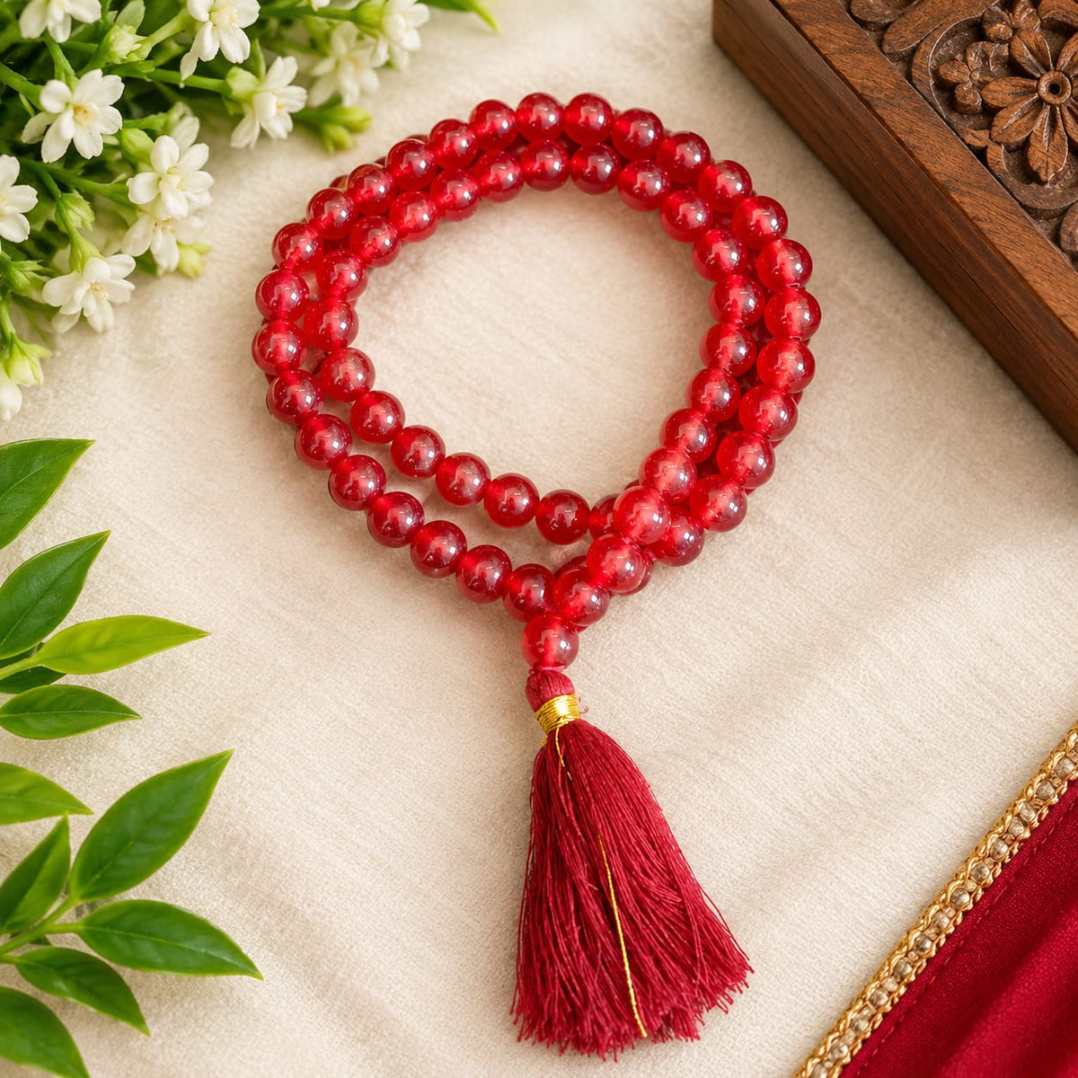 Red Agate Mala 54+1 Beads Lal Hakik 8mm Lab Certified for Meditation Mantra Chanting