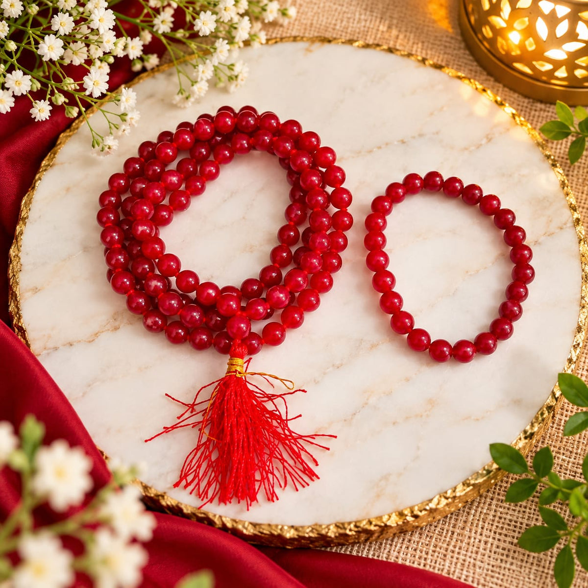 Red Agate Mala and Bracelet Combo Lab Certified for Meditation Healing Daily Wear