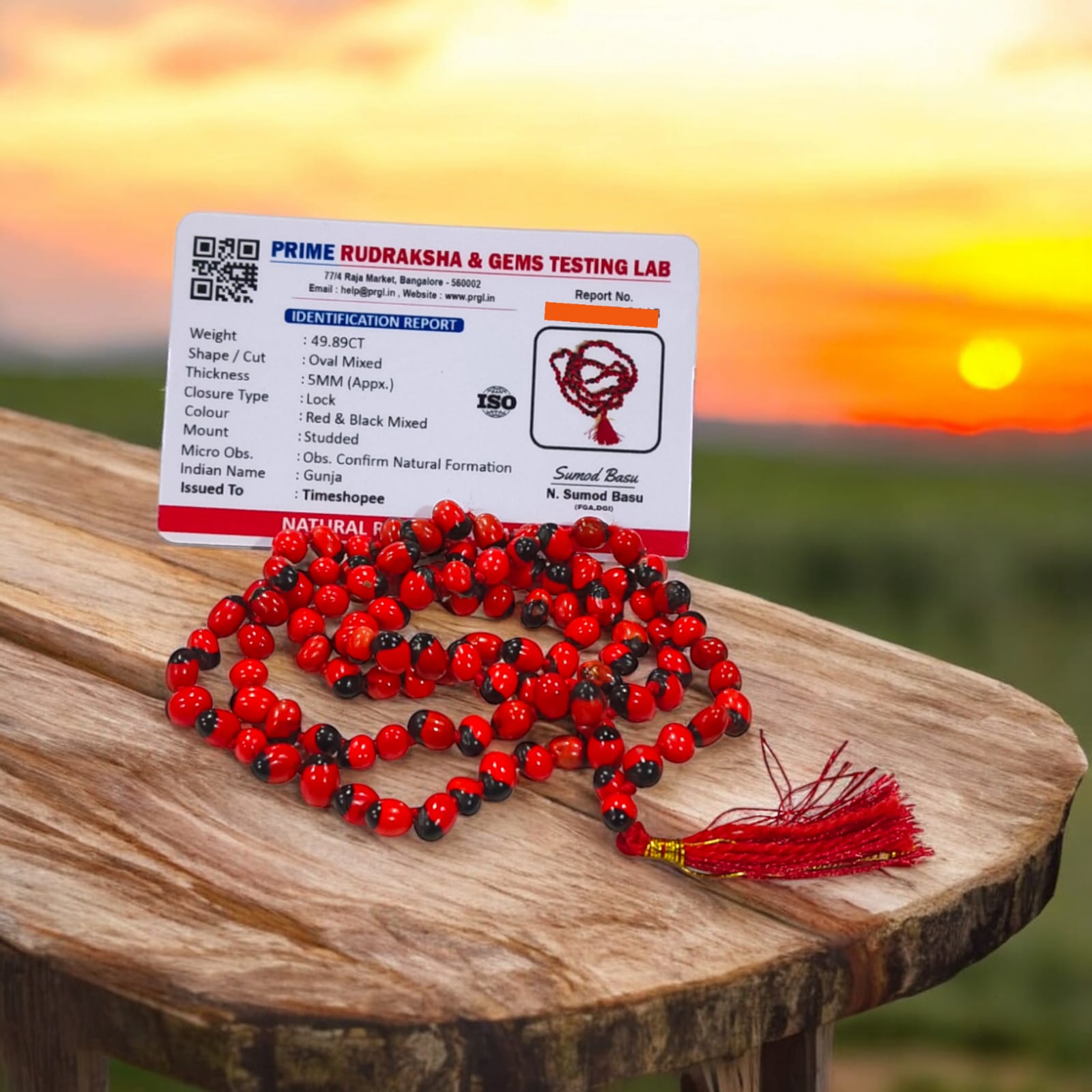 Red Gunja Mala displayed with its vivid red beads, illustrating its 100% original quality and lab certification for purity.