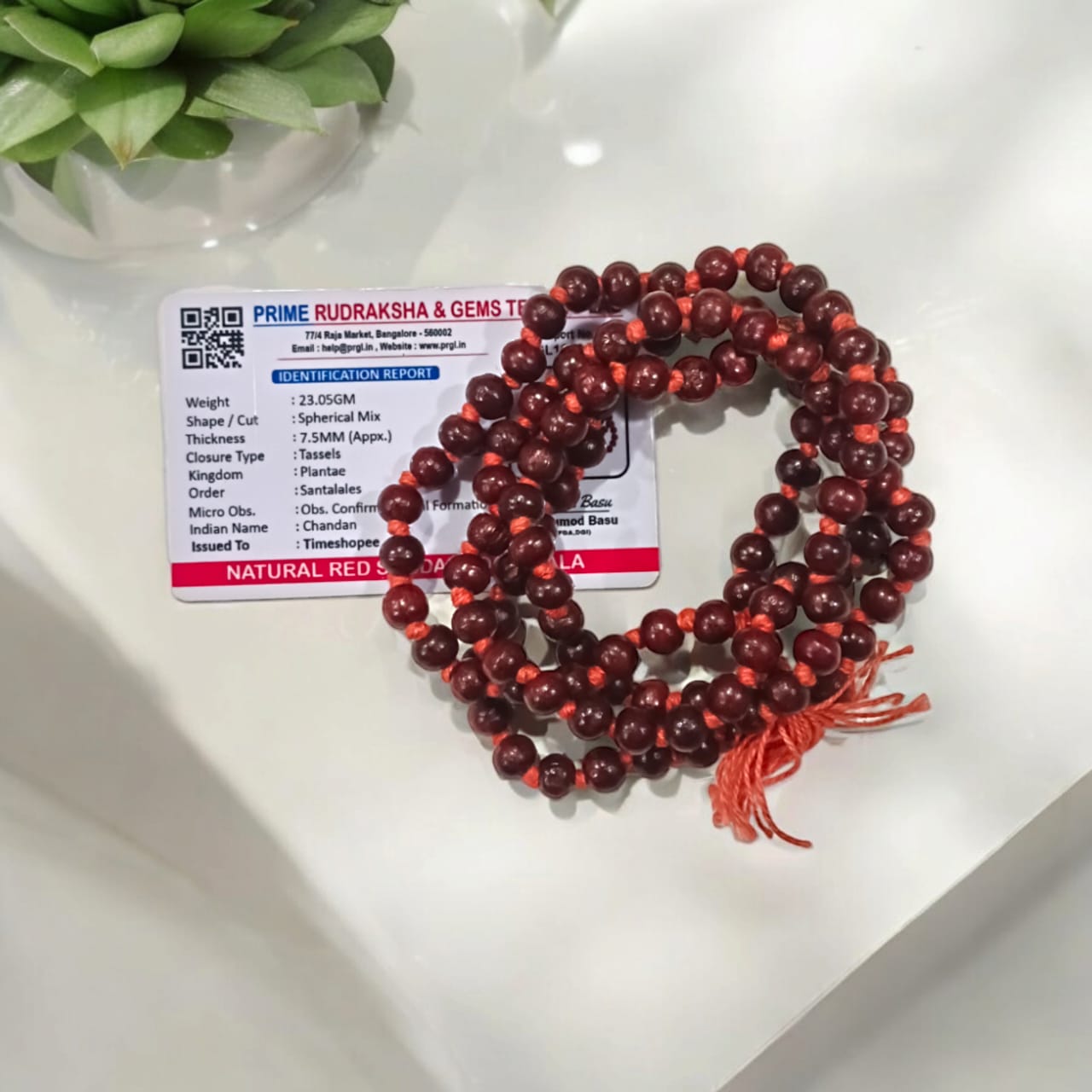 [Red Sandalwood Mala with 108 beads, handcrafted and lab-certified, placed on a white background]

