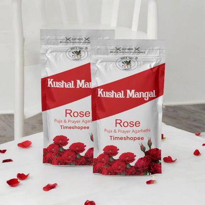 Rose Incense Sticks by Kushal Mangal, 9 inches long, with a 30-40 minute burning time, available in a zipper pouch at Timeshopee.