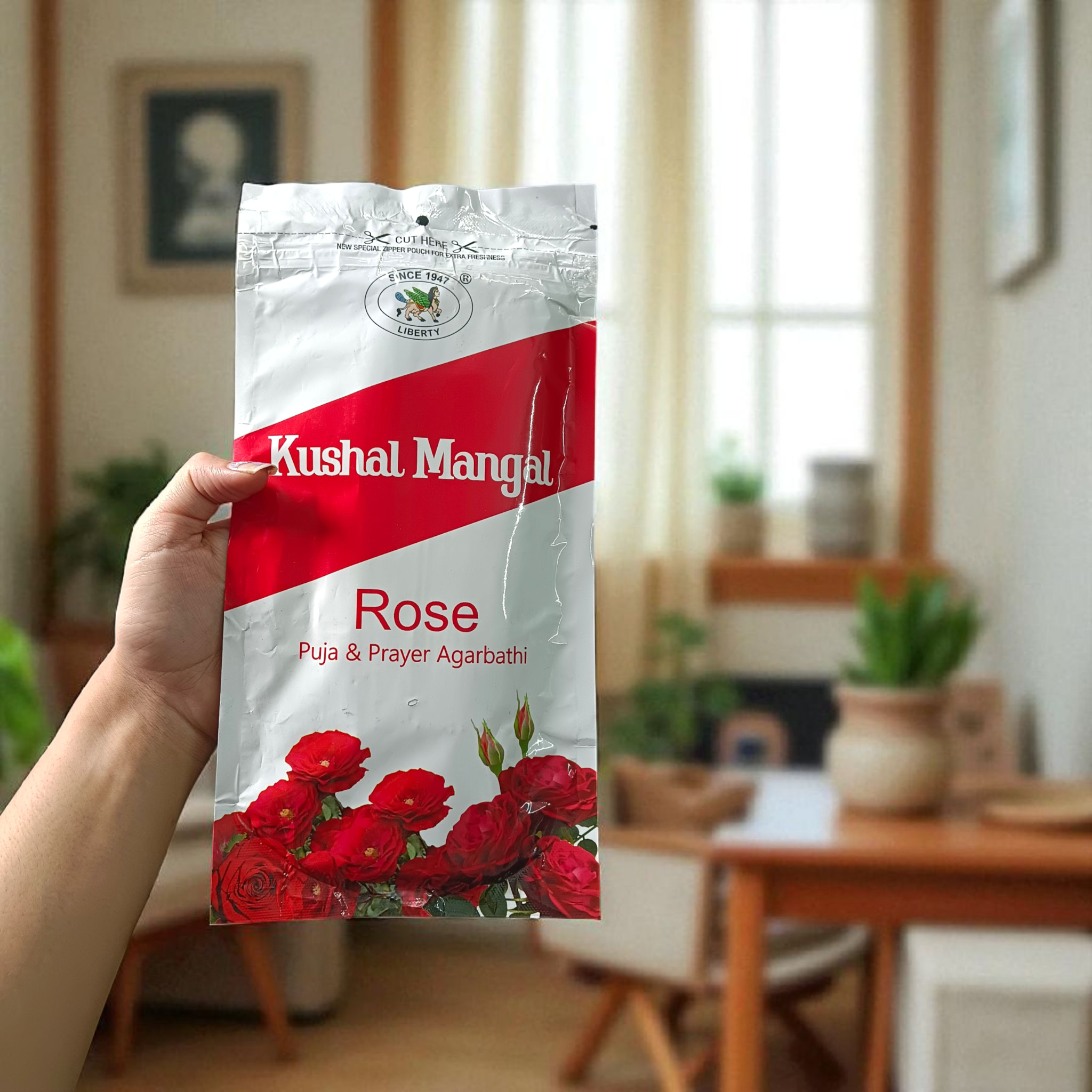 Rose Incense Sticks by Kushal Mangal, 9 inches long, with a 30-40 minute burning time, available in a zipper pouch at Timeshopee.
