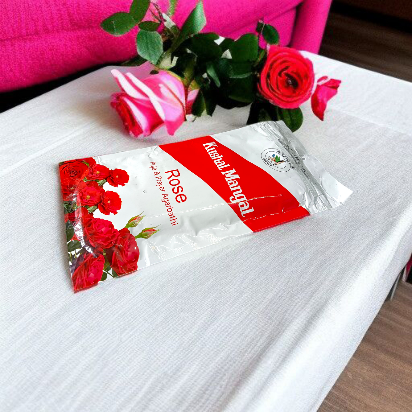Rose Incense Sticks by Kushal Mangal, 9 inches long, with a 30-40 minute burning time, available in a zipper pouch at Timeshopee.