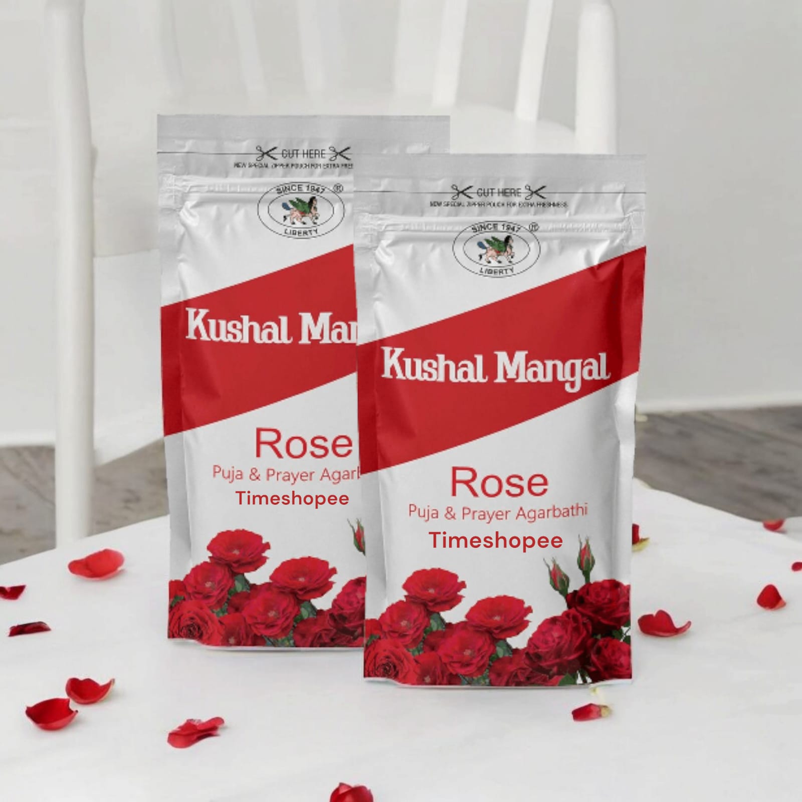 Rose Incense Sticks by Kushal Mangal, 9 inches long, with a 30-40 minute burning time, available in a zipper pouch at Timeshopee.