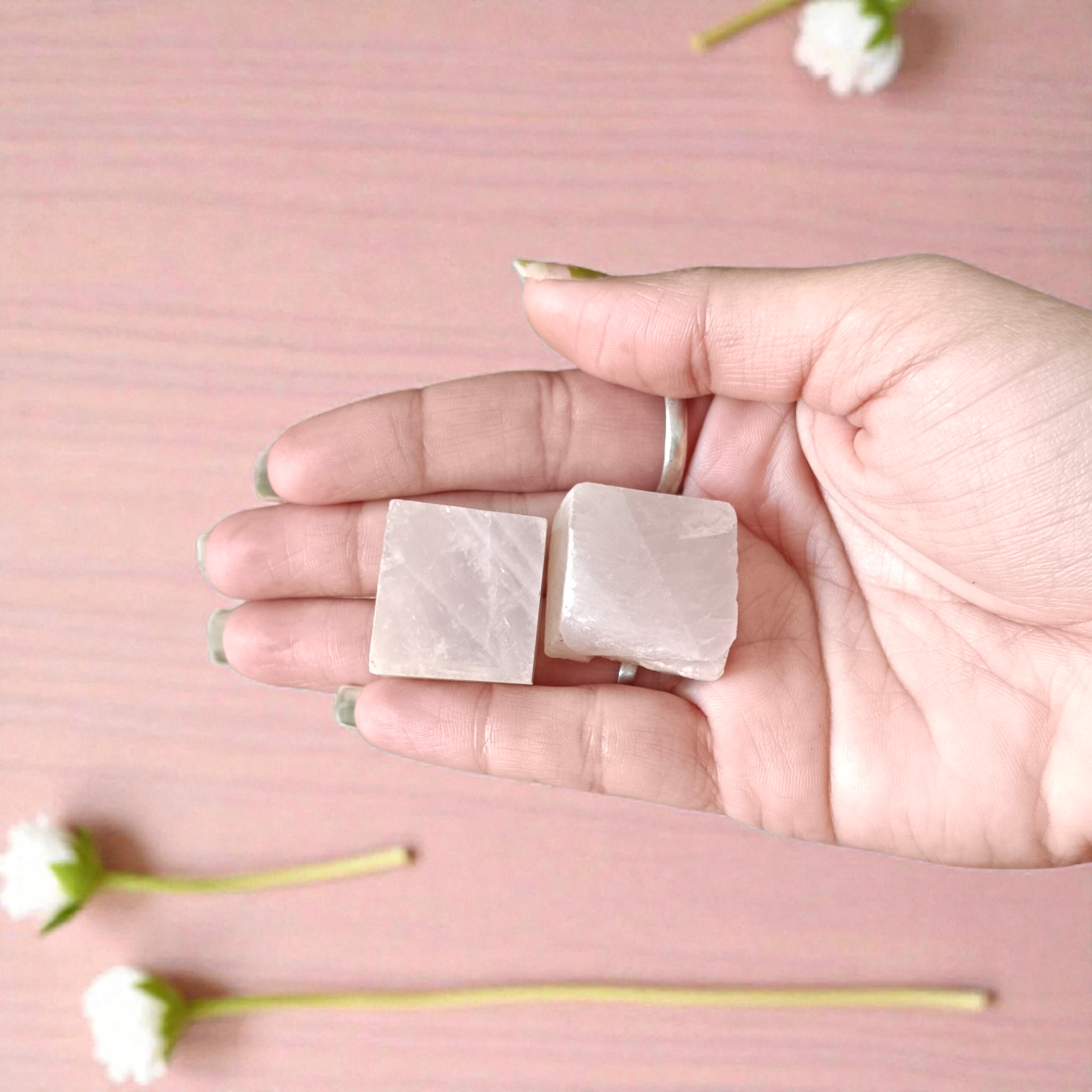 Rose Quartz Stone Set of 2 polished pink crystals displayed for healing, love, and meditation purposes