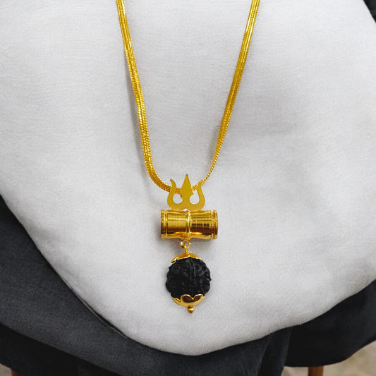 Rudraksha Locket with Brass Damru and Trishul and Free Gold Plated Chain by Timeshopee