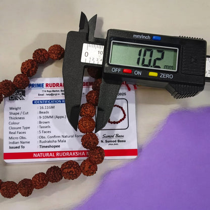 Rudraksha Mala with 27+1 beads, lab certified and 5 Mukhi, showcasing the 8mm beads and its suitability for chanting mantras.