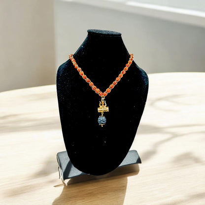 Rudraksha Mala with Gold Wired Design and Trishul Locket, Adjustable S-Type Hook, Timeshopee