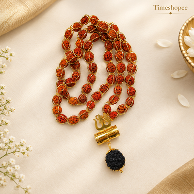 Rudraksha Mala | Gold Wired Design with Rudraksha & Trishul Locket – Timeshopee