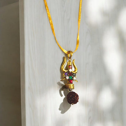 Rudraksha Trishul Locket with Gold-Finished Chain and Navratna Gemstones by Timeshopee
