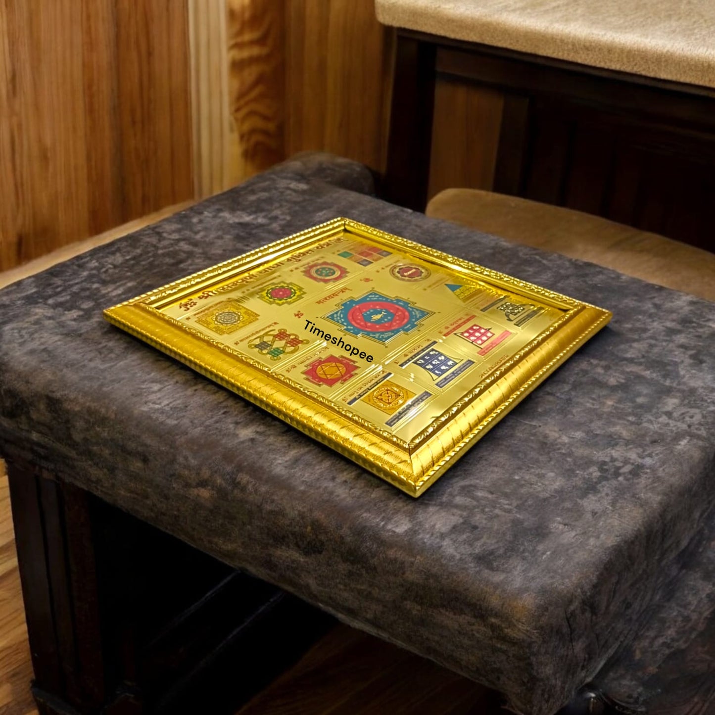Sampoorna Badha Mukti Yantra, 24K gold-plated with wooden frame, featuring multiple powerful Yantras for holistic protection and prosperity.