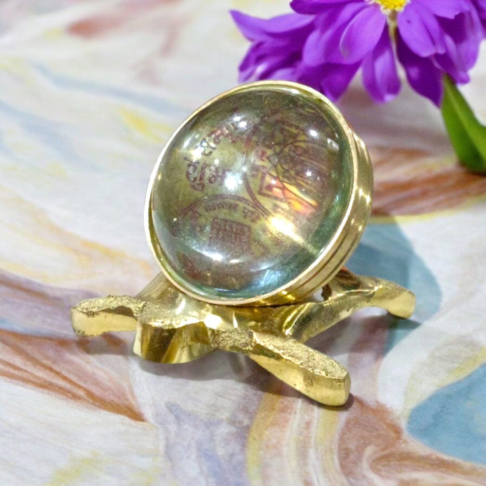 Sampoorna Shree Yantra on a magnifying tortoise base, 3-inch size, for good luck and prosperity, available from Timeshopee.