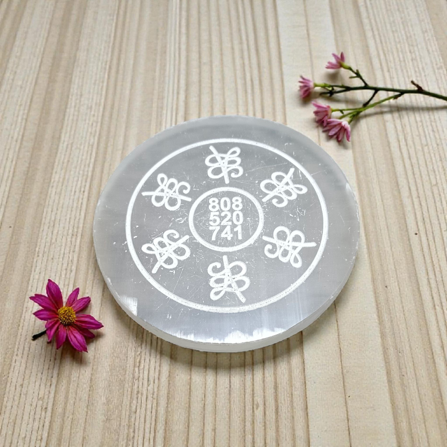 Selenite Charging Plate with engraved Reiki healing numbers for Reiki, meditation, Pooja, Vastu, and manifestation