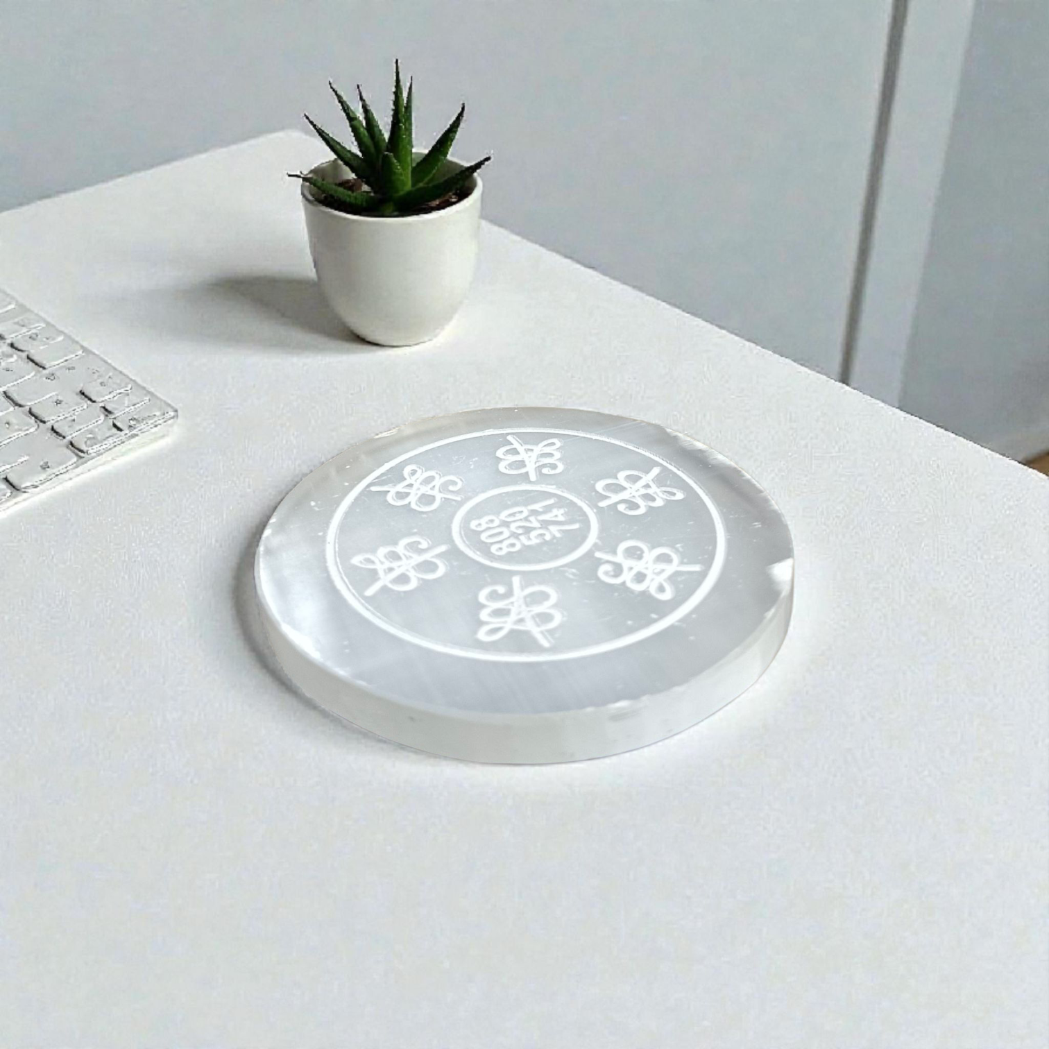 Selenite Charging Plate with engraved Reiki healing numbers for Reiki, meditation, Pooja, Vastu, and manifestation