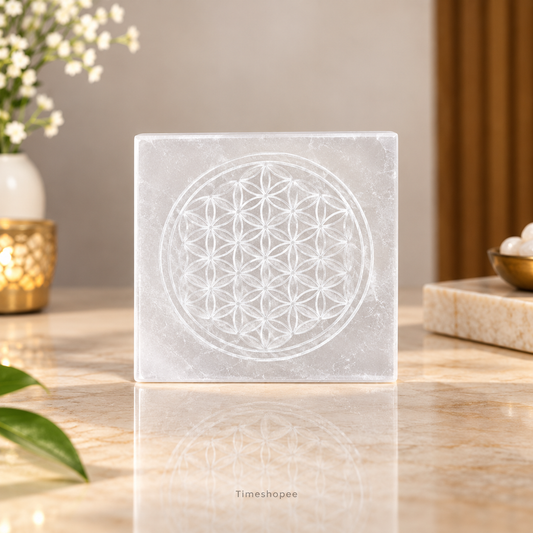 Selenite Crystal Charging Plate engraved with Flower of Life for crystal cleansing, recharging, meditation, and energy work
