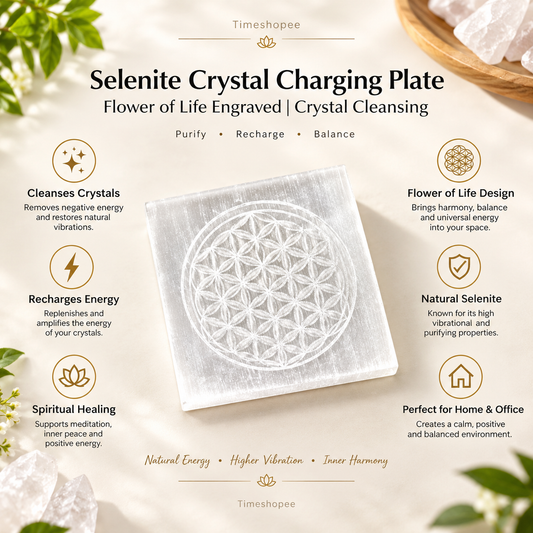 Selenite Crystal Charging Plate engraved with Flower of Life for crystal cleansing, recharging, meditation, and energy work