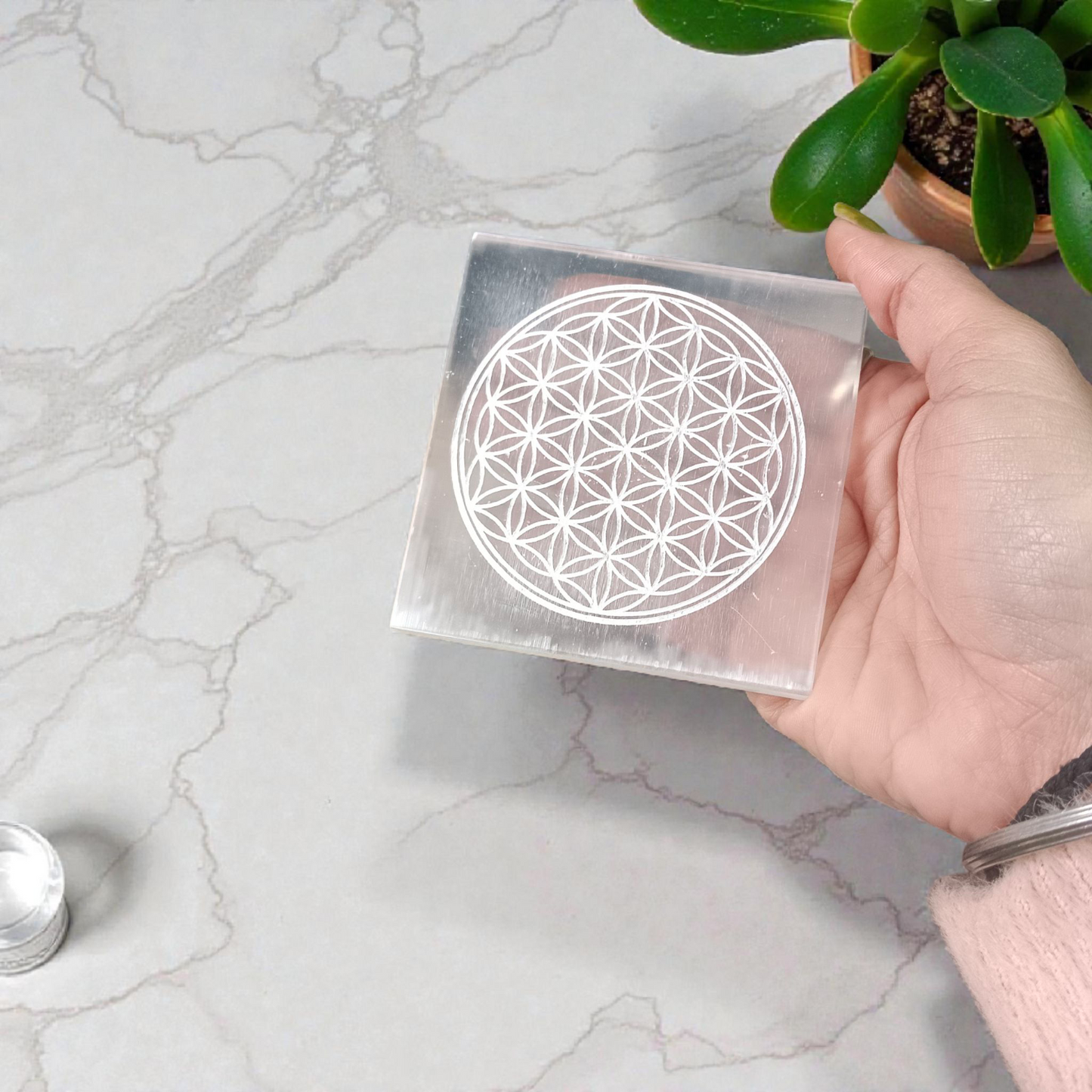Selenite Crystal Charging Plate engraved with Flower of Life for crystal cleansing, recharging, meditation, and energy work