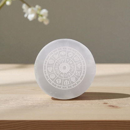 Selenite Crystal Charging Plate with engraved Zodiac signs used for crystal cleansing and healing rituals