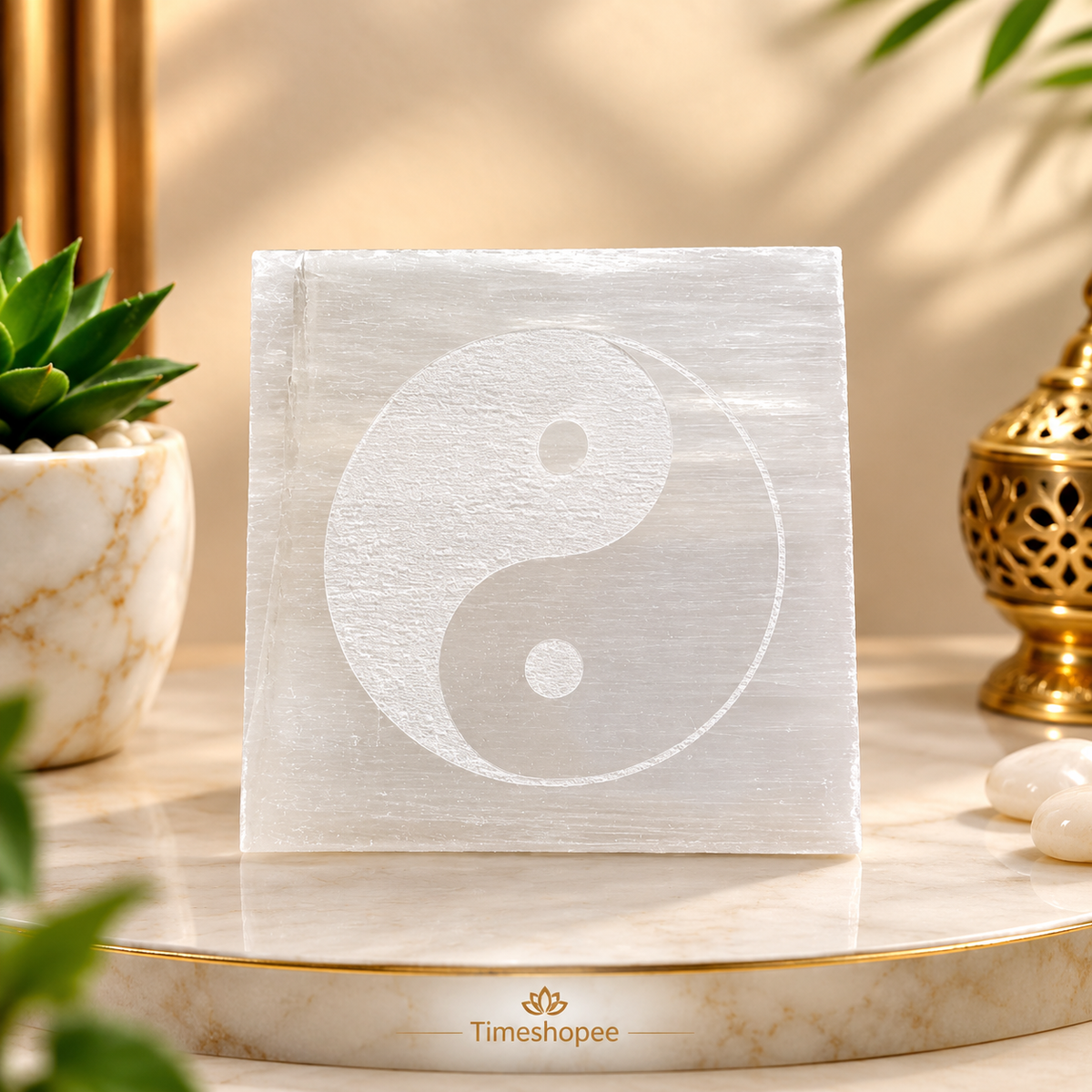 Selenite Engraved Charging Plate Coaster for crystal cleansing, meditation, Pooja, and home décor