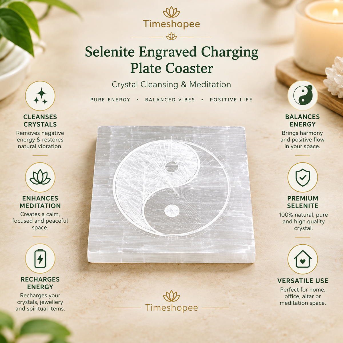 Selenite Engraved Charging Plate Coaster for crystal cleansing, meditation, Pooja, and home décor