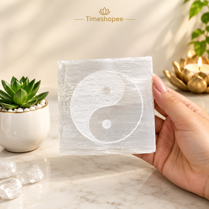 Selenite Engraved Charging Plate Coaster for crystal cleansing, meditation, Pooja, and home décor