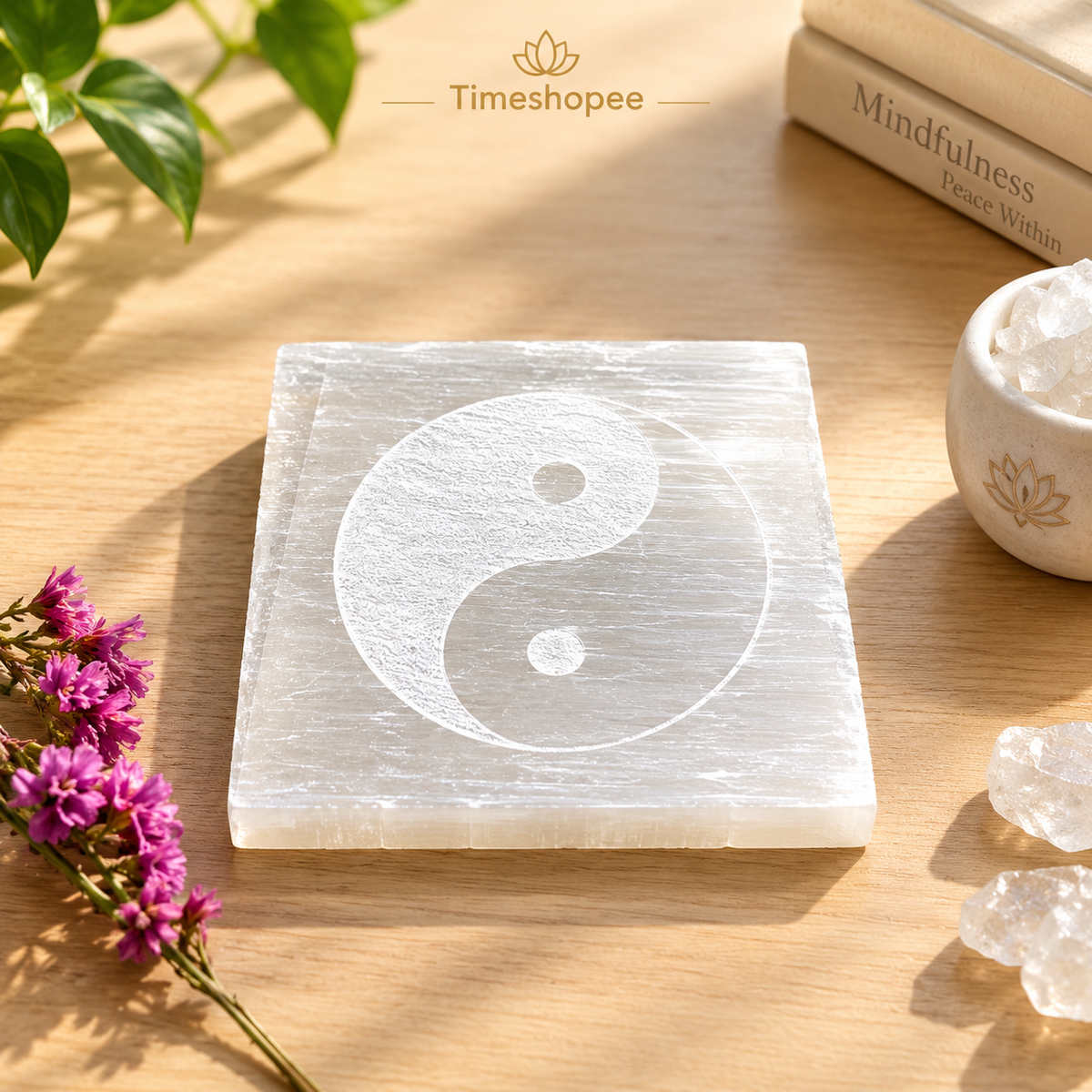 Selenite Engraved Charging Plate Coaster for crystal cleansing, meditation, Pooja, and home décor