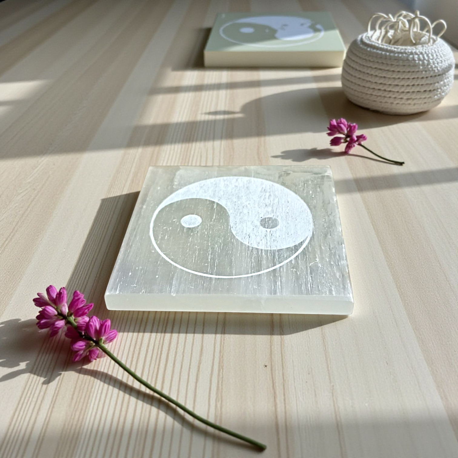 Selenite Engraved Charging Plate Coaster for crystal cleansing, meditation, Pooja, and home décor