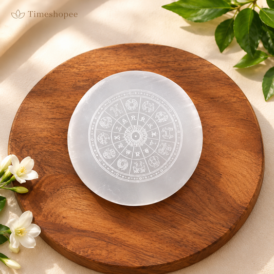 A polished round Selenite charging plate featuring a carved Om symbol, used for pooja, décor, and energy cleansing