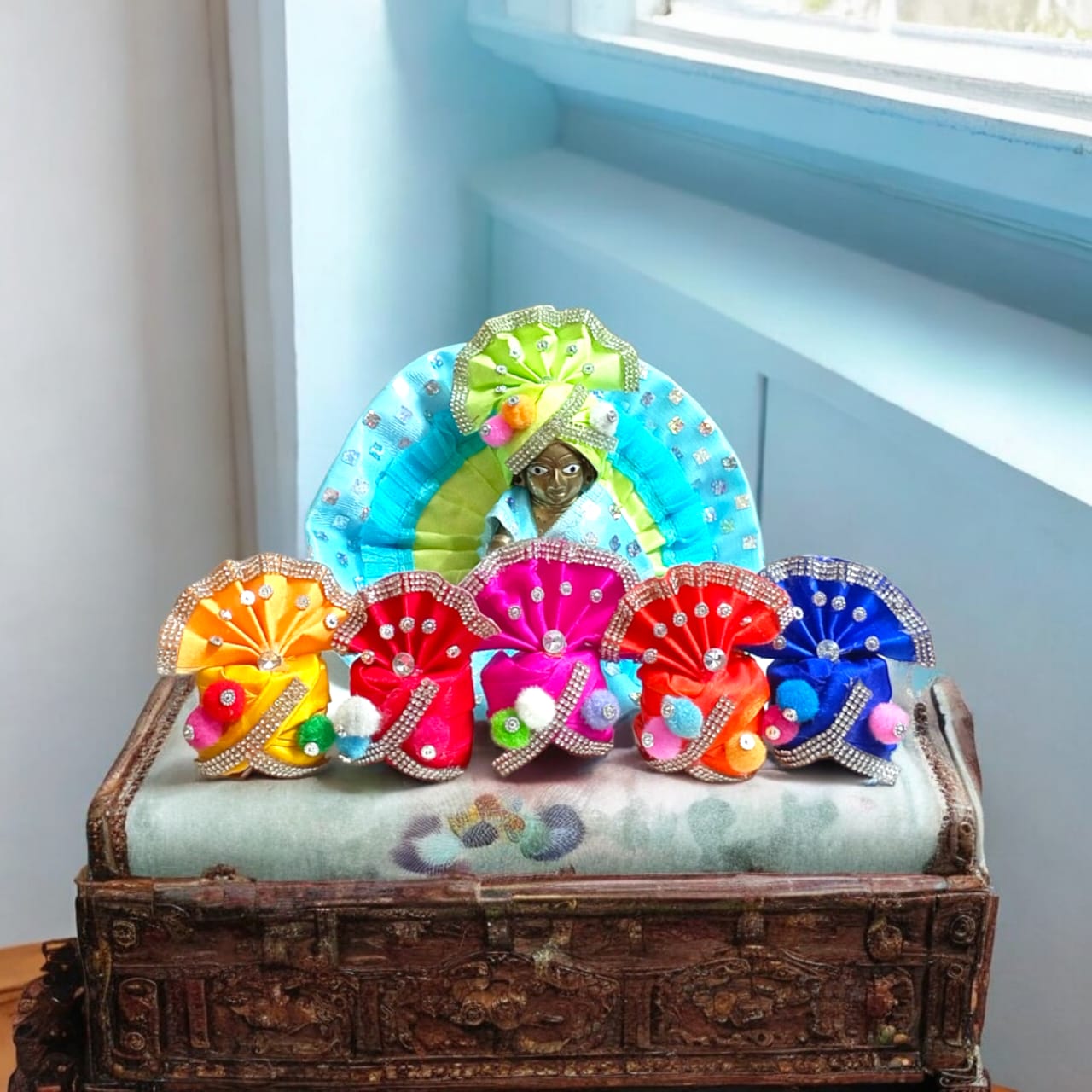 Set of 5 and Set of 6 multicolor pagdis for Laddu Gopal Size 6 No., perfect for traditional and festive wear.