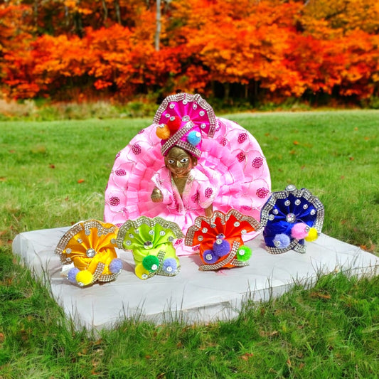 Set of 6 multi-color pagdis for Laddu Gopal Size 4 No., traditional festive decor for Bal Gopal.