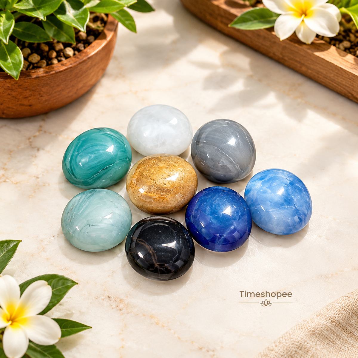 Set of 8 colorful round shiny glass pebble stones, ideal for decoration in plant pots, aquariums, vases, and home gardens
