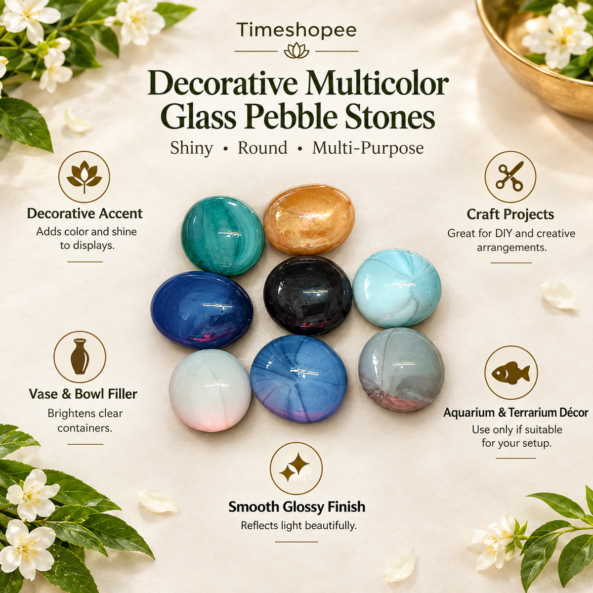 Set of 8 colorful round shiny glass pebble stones, ideal for decoration in plant pots, aquariums, vases, and home gardens